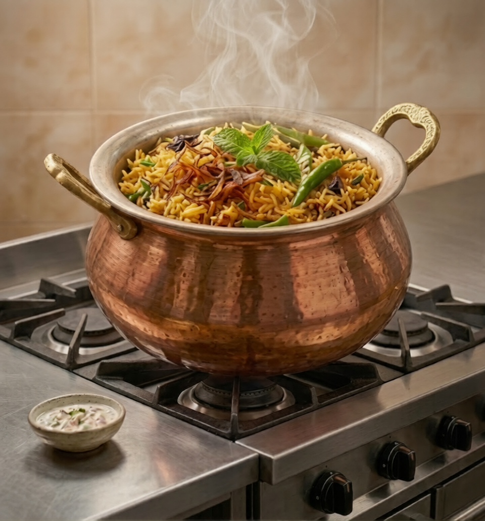 Steaming pulao biryani in a traditional copper handi on the stove, garnished with mint and fried onions