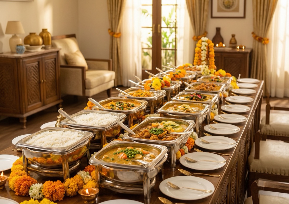A housewarming buffet spread with marigold garlands, diyas and traditional dishes