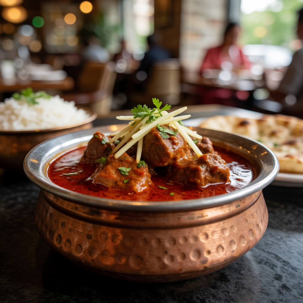 Rich mutton gosh curry served in a copper handi with rice and fresh naan