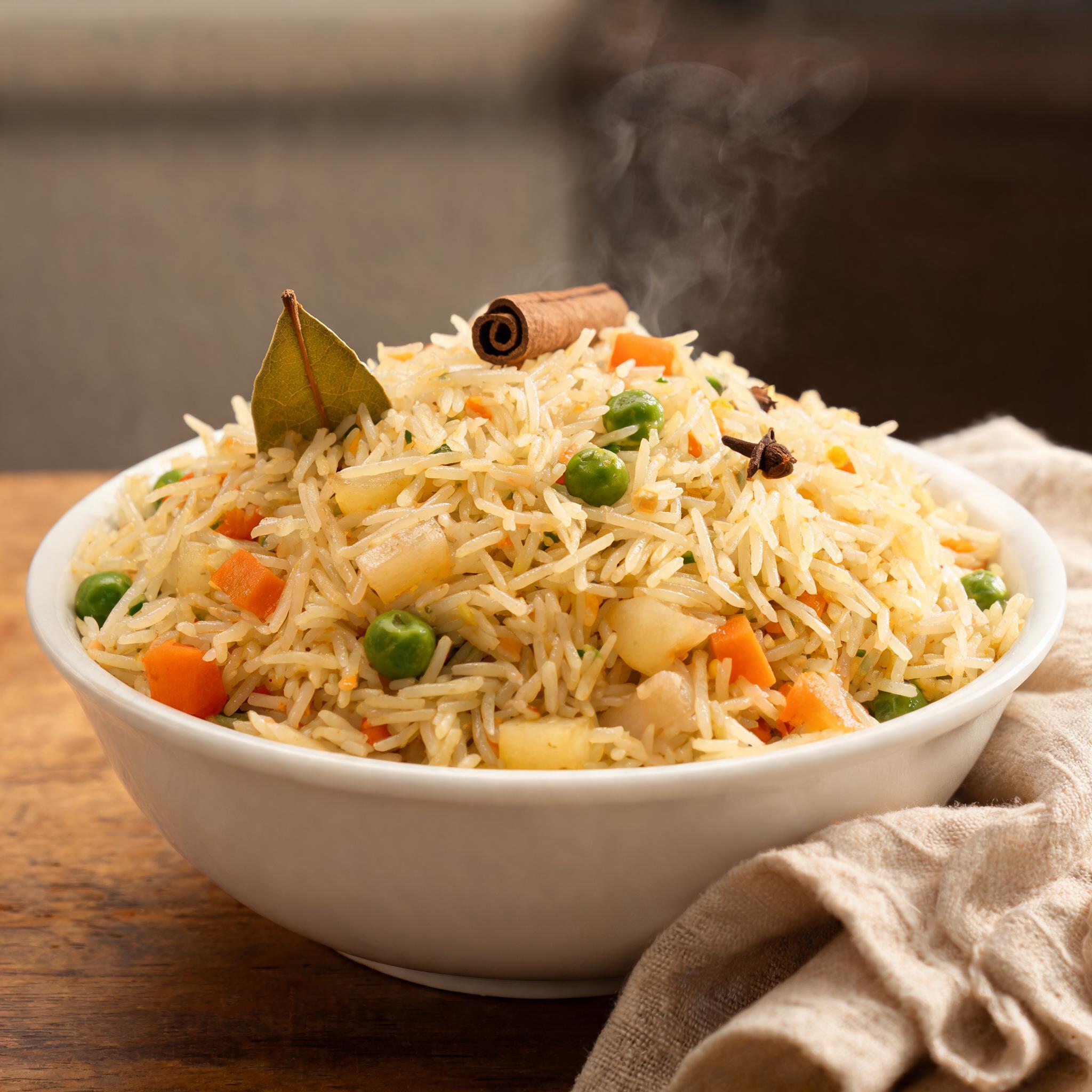Close-up of fragrant vegetable pulav with steam rising, garnished with whole spices and herbs