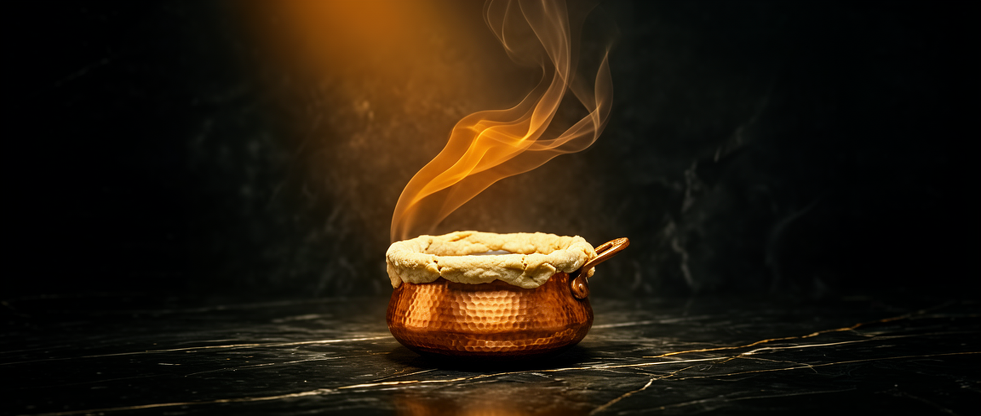 Steam rising from a sealed dum-cooked handi with a dough seal, lit warmly against a dark backdrop